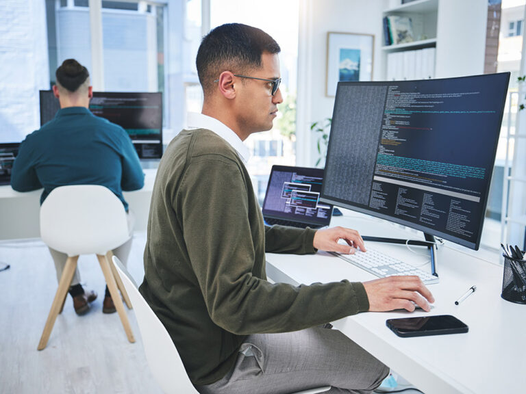 team at the office working on content